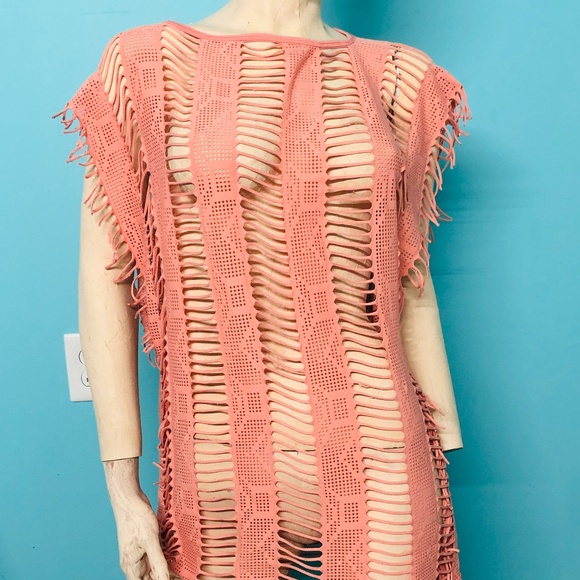 Salmon See Thru Slices & Fringe Pullover Sleeveless Tunic Top/Swimwear Cover~L - Picture 1 of 5